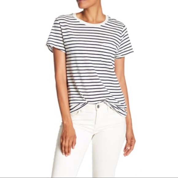 Madewell Tops - Madewell Crewneck Cotton Navy Blue White Stripe Pocket Tee Size Medium